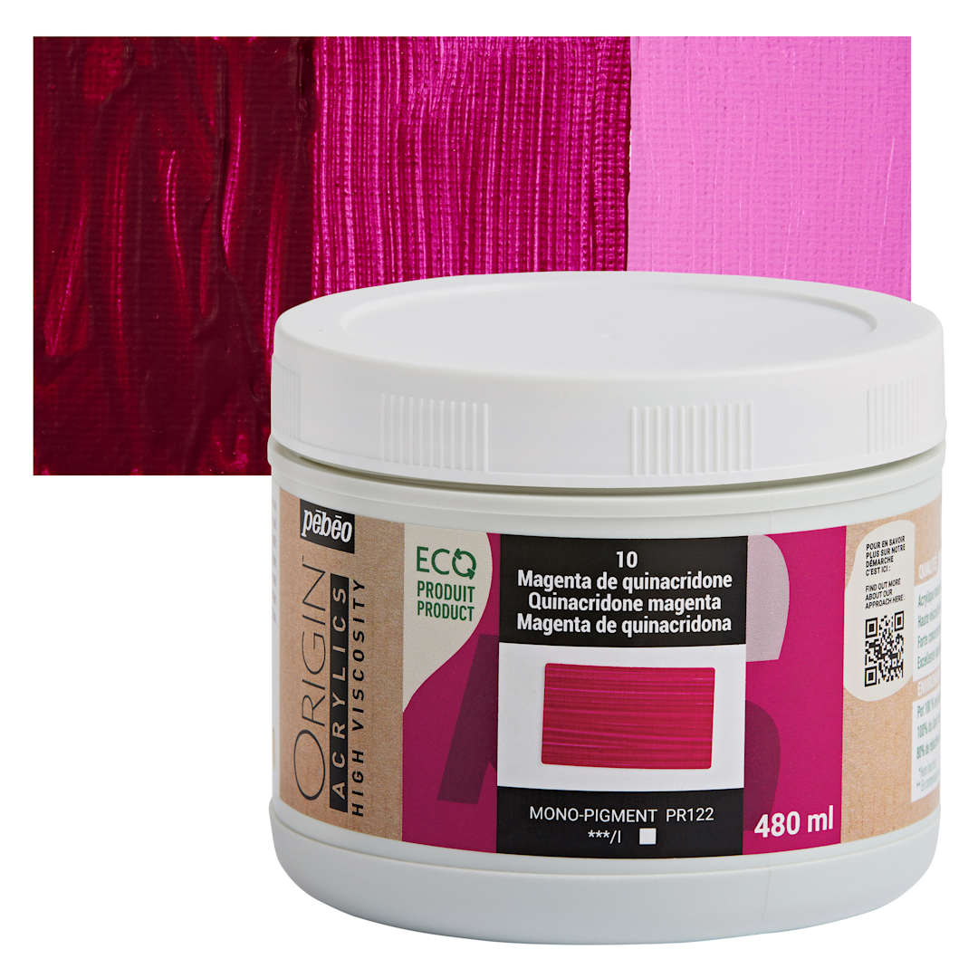 Open in modal - Pebeo Origin Acrylic Paint - Quinacridone Magenta, 480 ml jar and swatch