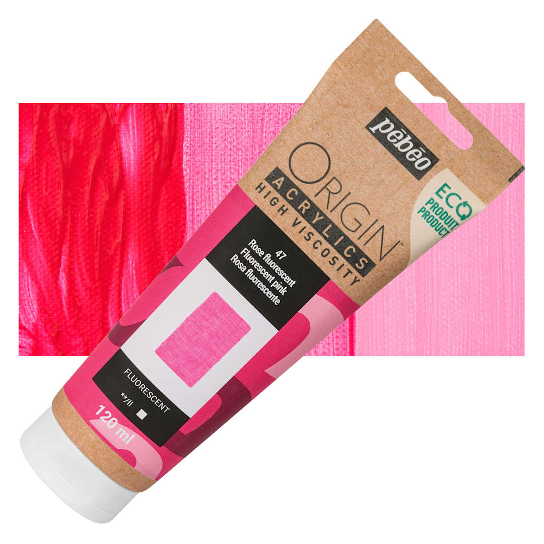 Open in modal - Pebeo Origin Acrylic Paint - Fluorescent Pink, 120 ml tube and swatch