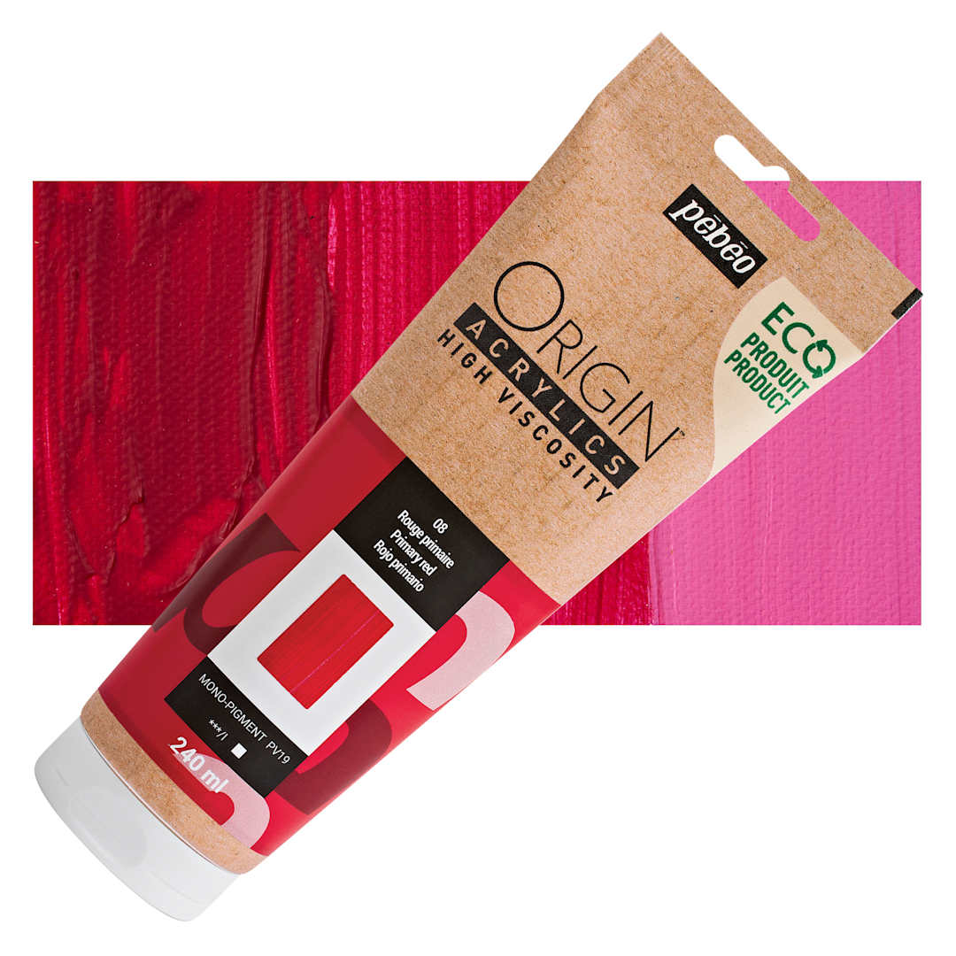 Open in modal - Pebeo Origin Acrylic Paint - Primary Red, 240 ml tube and swatch