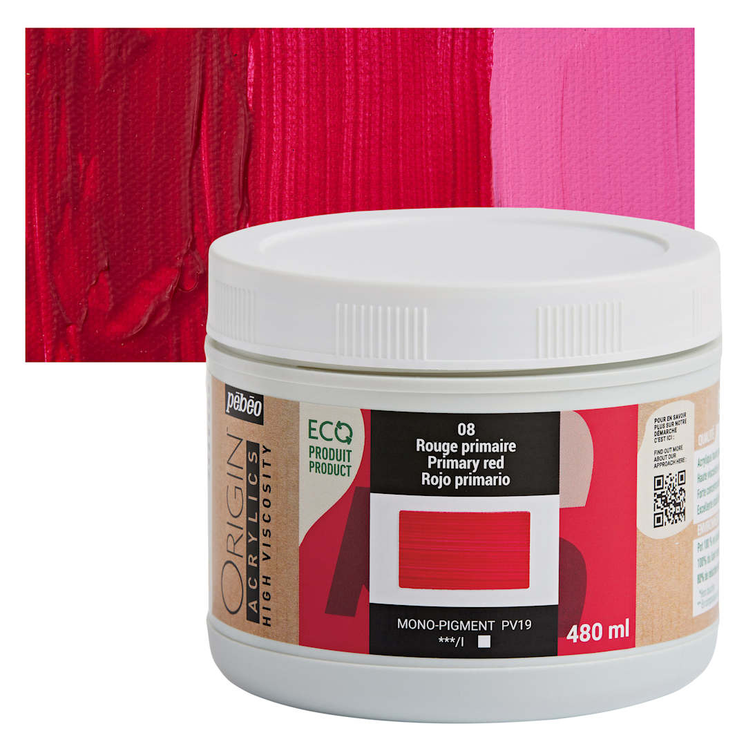 Open in modal - Pebeo Origin Acrylic Paint - Primary Red, 480 ml jar and swatch