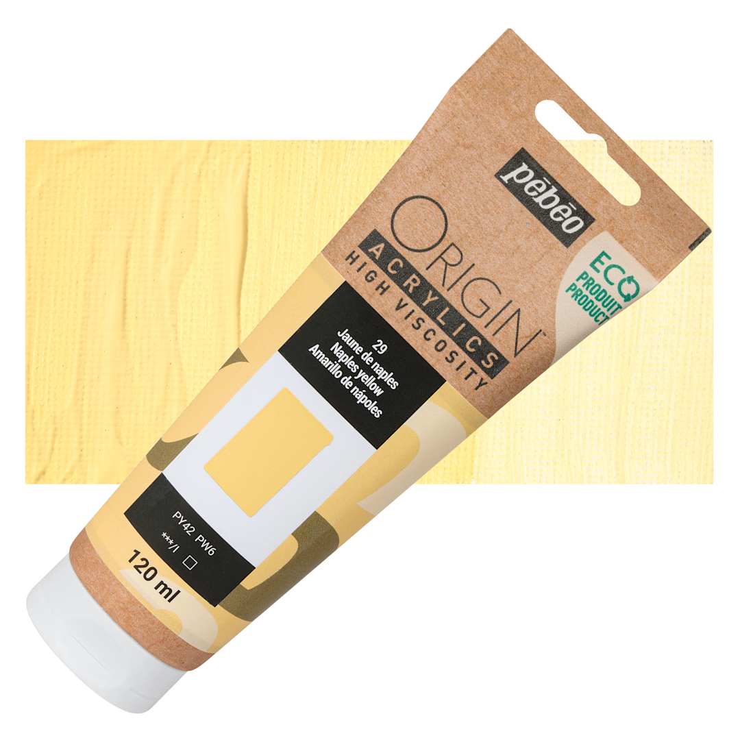 Open in modal - Pebeo Origin Acrylic Paint - Naples Yellow, 120 ml tube and swatch