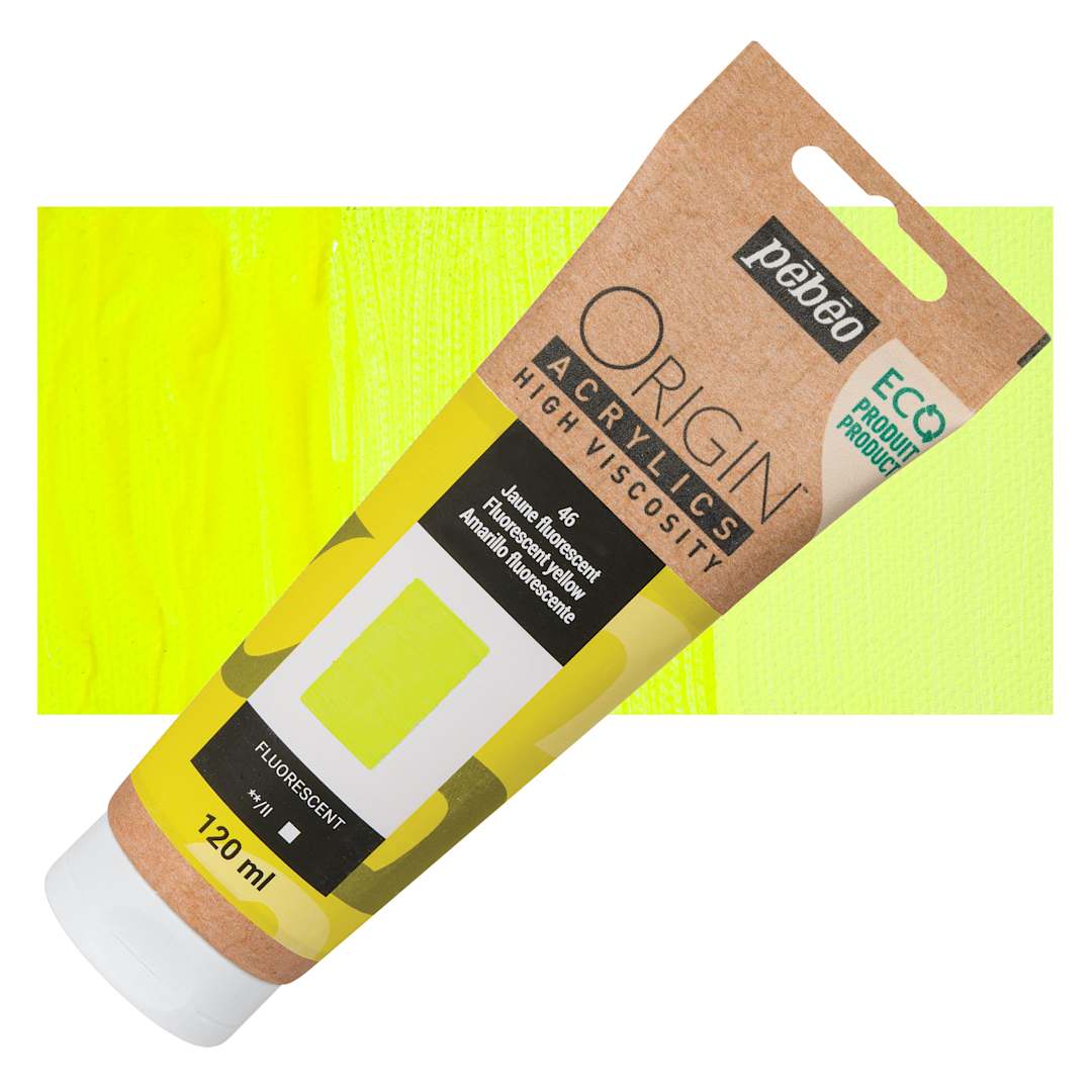 Open in modal - Pebeo Origin Acrylic Paint - Fluorescent Yellow, 120 ml tube and swatch