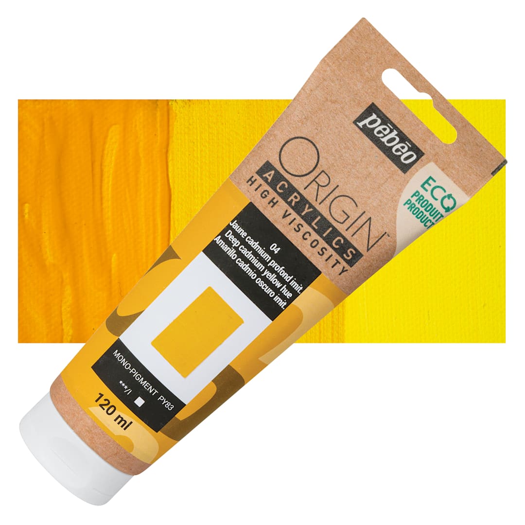 Open in modal - Pebeo Origin Acrylic Paint - Deep Cadmium Yellow Hue, 120 ml tube and swatch