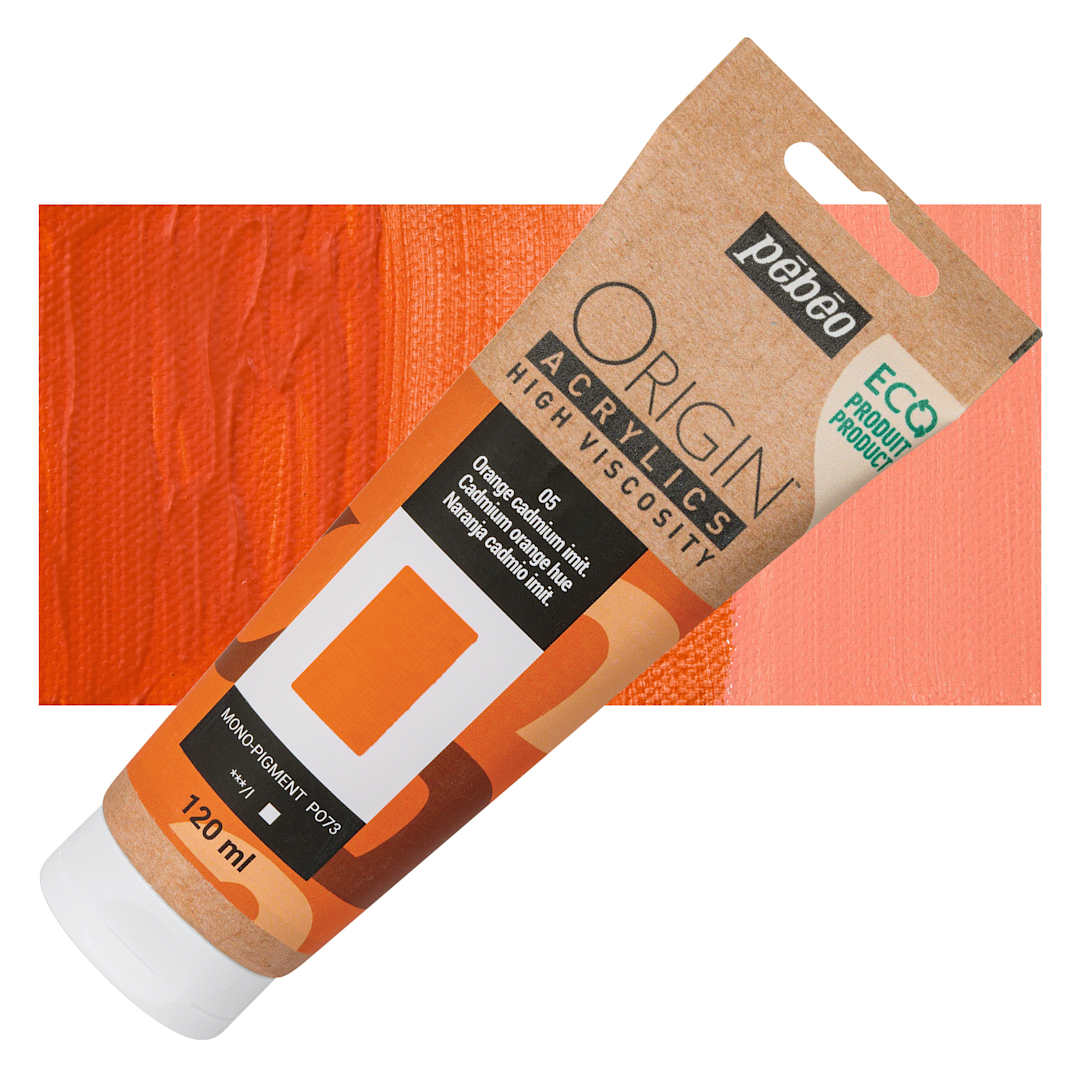 Open in modal - Pebeo Origin Acrylic Paint - Cadmium Orange Hue, 120 ml tube and swatch
