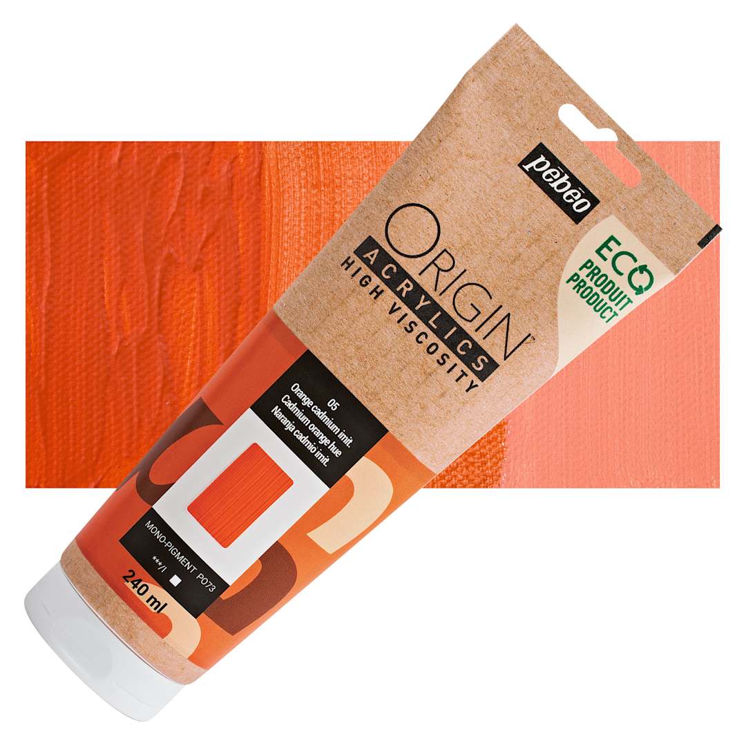 Open in modal - Pebeo Origin Acrylic Paint - Cadmium Orange Hue, 240 ml tube and swatch