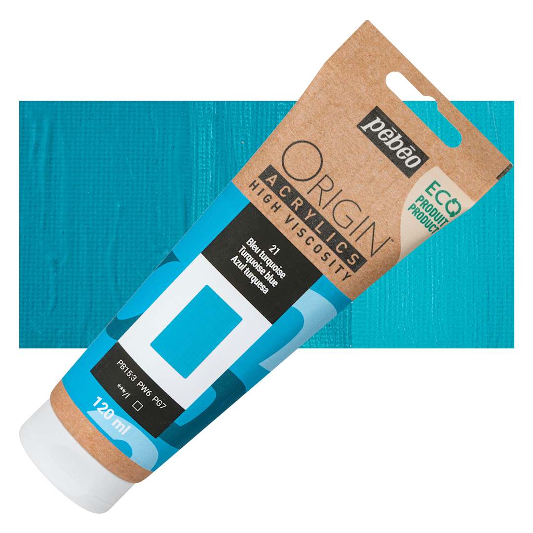 Open in modal - Pebeo Origin Acrylic Paint - Turquoise Blue, 120 ml tube and swatch