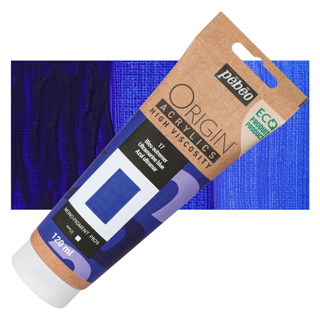 Open in modal - Pebeo Origin Acrylic Paint - Ultramarine Blue, 120 ml tube and swatch