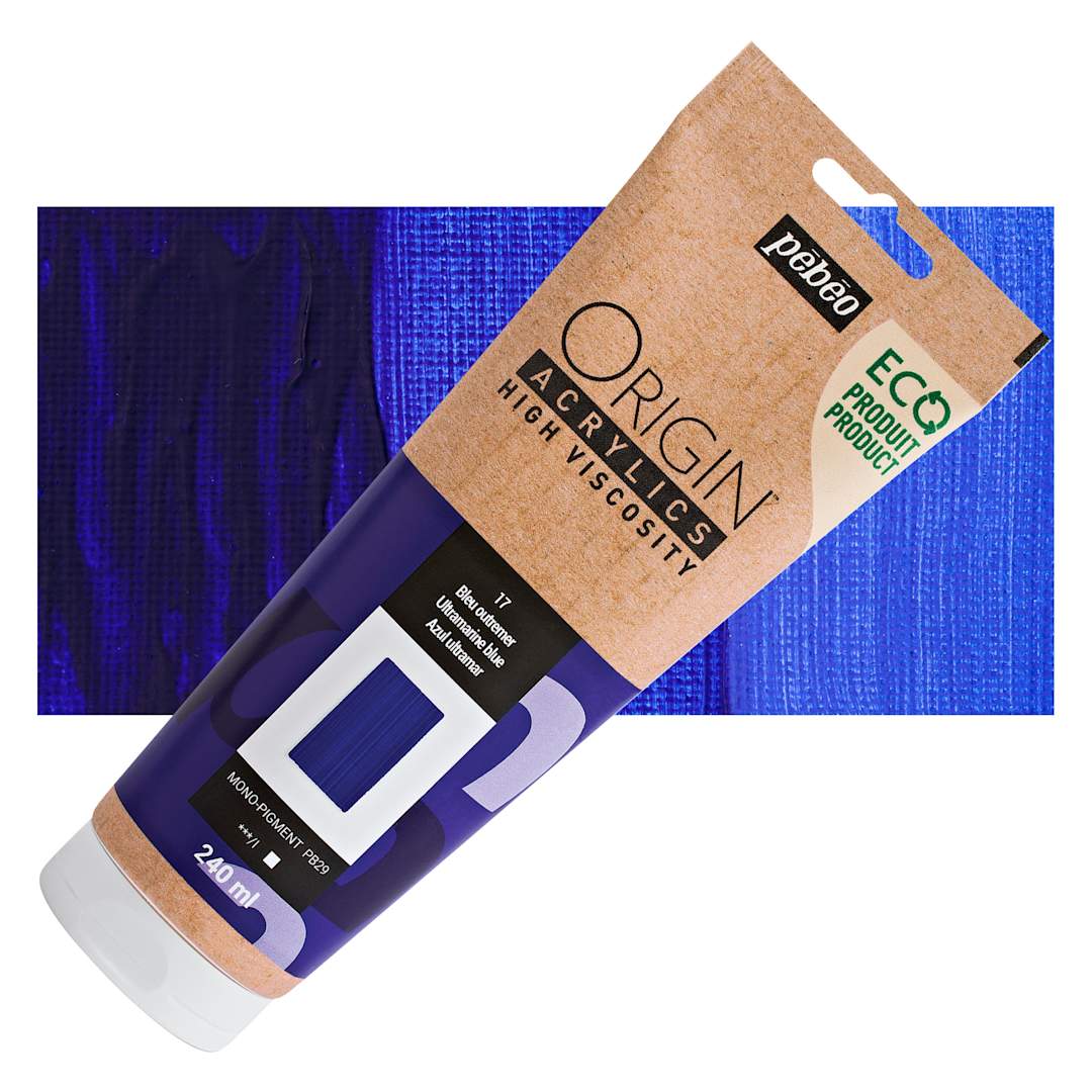 Open in modal - Pebeo Origin Acrylic Paint - Ultramarine Blue, 240 ml tube and swatch