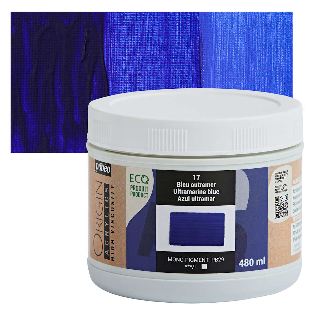 Open in modal - Pebeo Origin Acrylic Paint - Ultramarine Blue, 480 ml jar and swatch