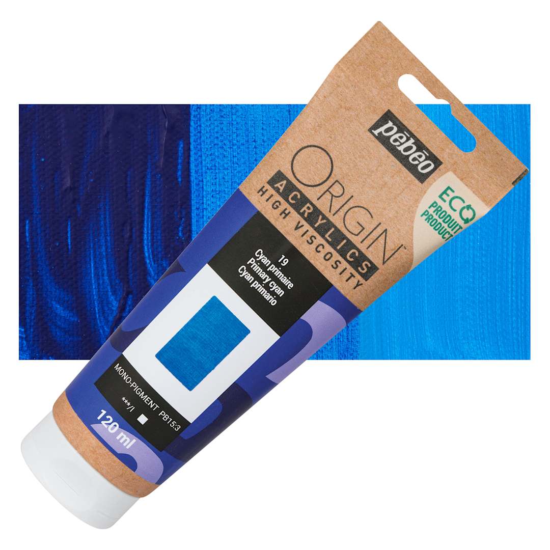 Open in modal - Pebeo Origin Acrylic Paint - Primary Cyan, 120 ml tube and swatch