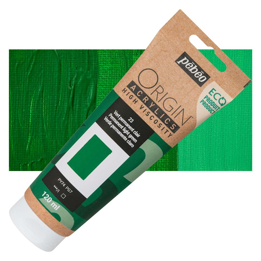 Open in modal - Pebeo Origin Acrylic Paint - Permanent Green Light, 120 ml tube and swatch