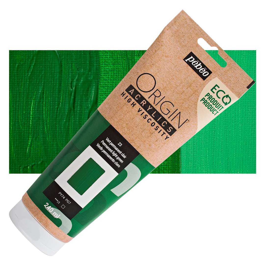 Open in modal - Pebeo Origin Acrylic Paint - Permanent Green Light, 240 ml tube and swatch