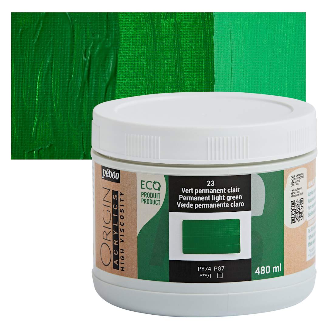 Open in modal - Pebeo Origin Acrylic Paint - Permanent Green Light, 480 ml jar and swatch