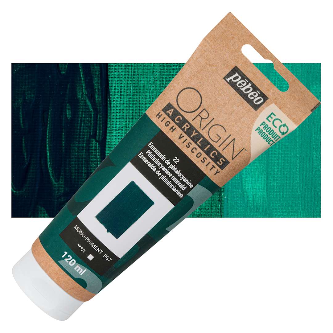 Open in modal - Pebeo Origin Acrylic Paint - Phthalocyanine Emerald, 120 ml tube and swatch