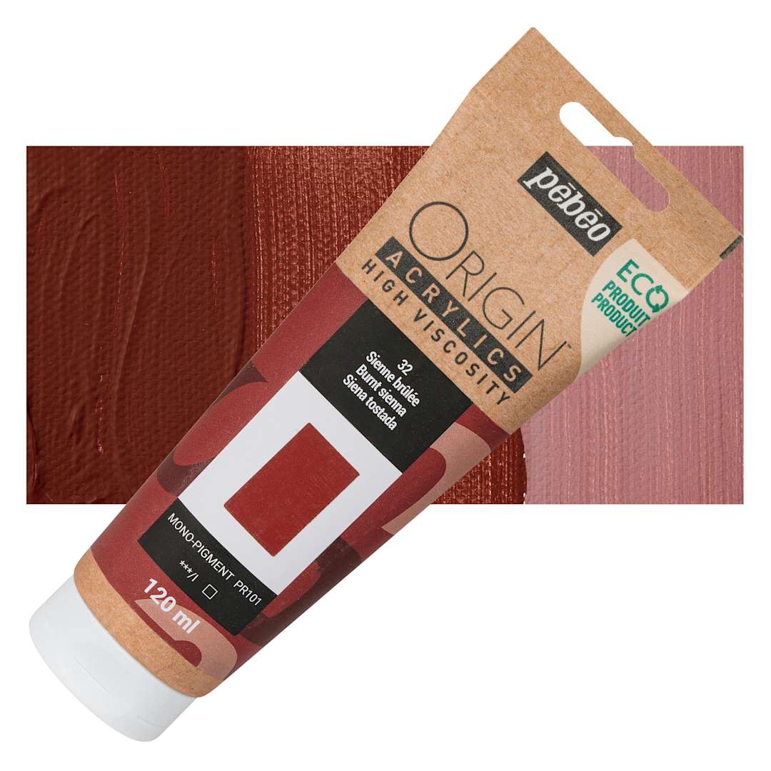 Open in modal - Pebeo Origin Acrylic Paint - Burnt Sienna, 120 ml tube and swatch