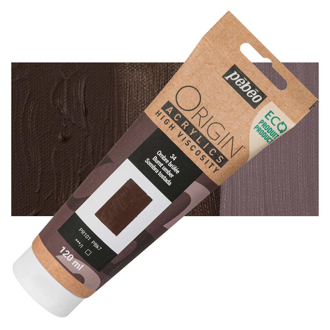 Open in modal - Pebeo Origin Acrylic Paint - Burnt Umber, 120 ml tube and swatch