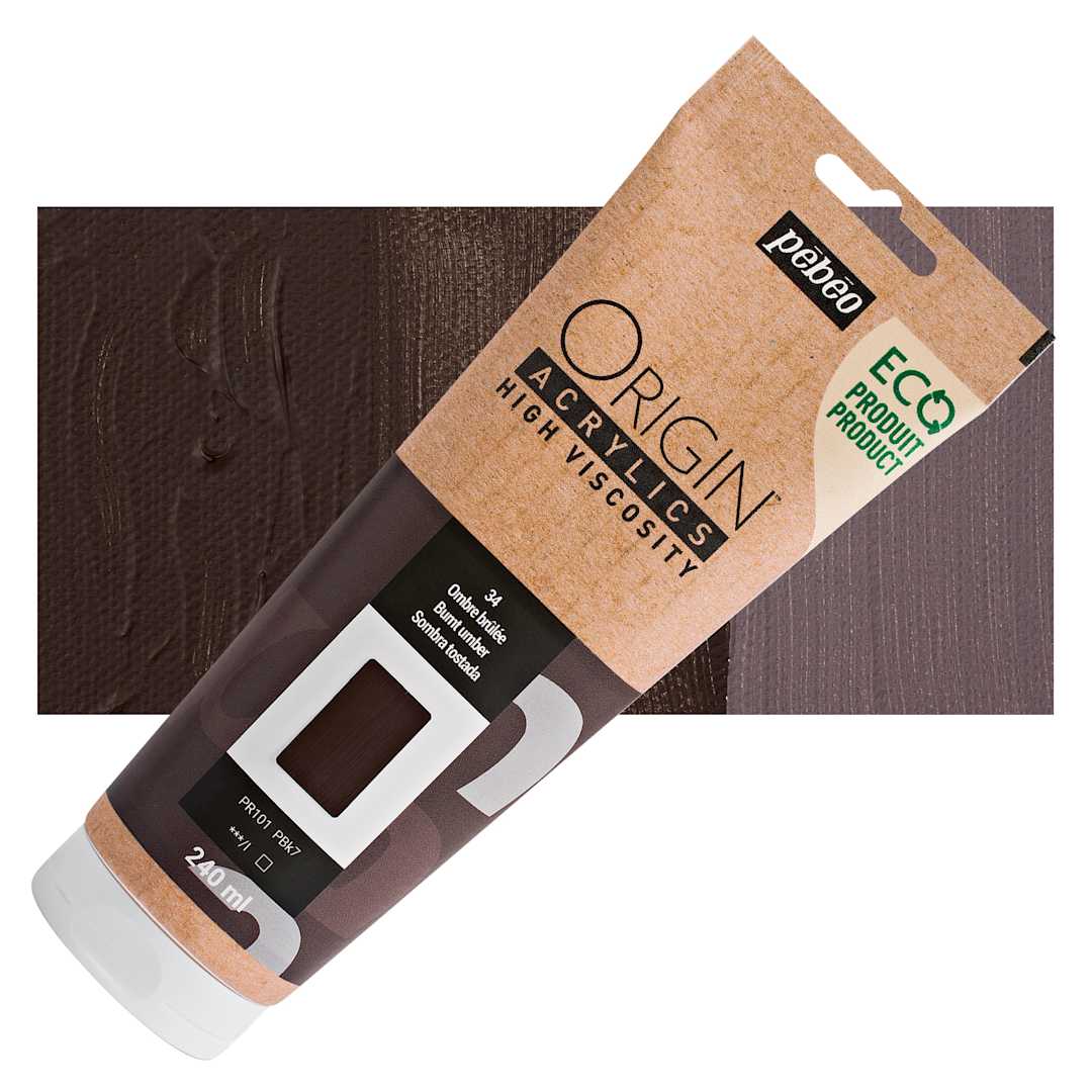 Open in modal - Pebeo Origin Acrylic Paint - Burnt Umber, 240 ml tube and swatch