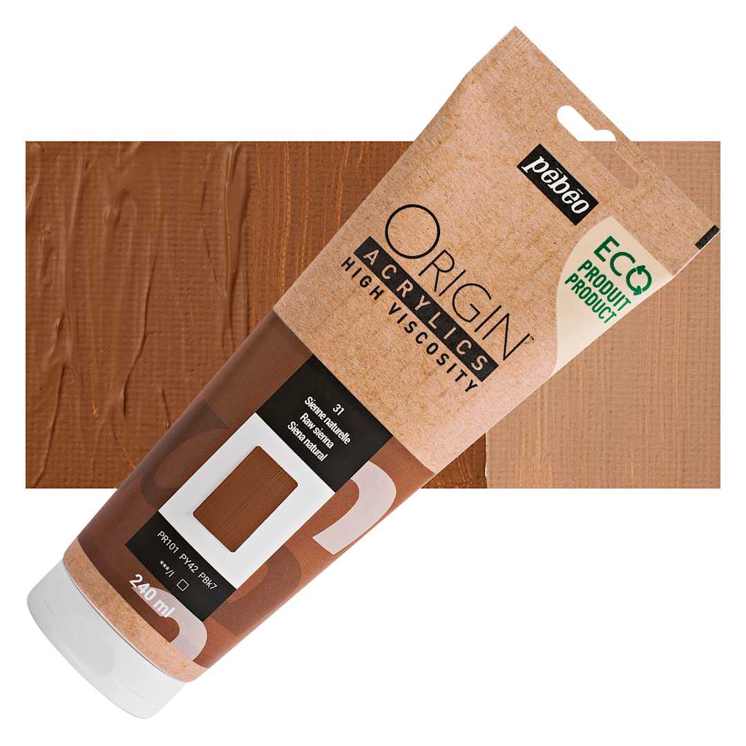 Open in modal - Pebeo Origin Acrylic Paint - Raw Sienna, 240 ml tube and swatch