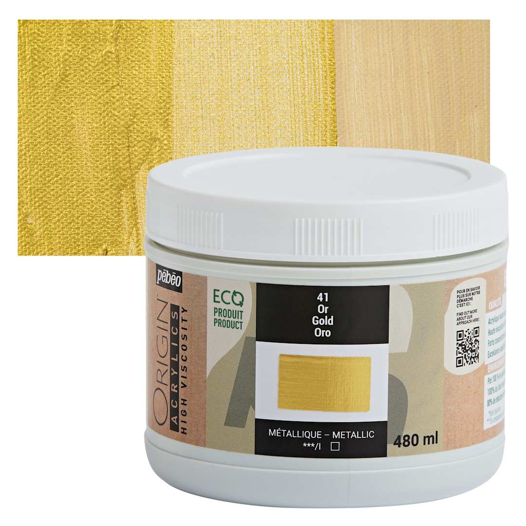 Open in modal - Pebeo Origin Acrylic Paint - Gold, 480 ml jar and swatch