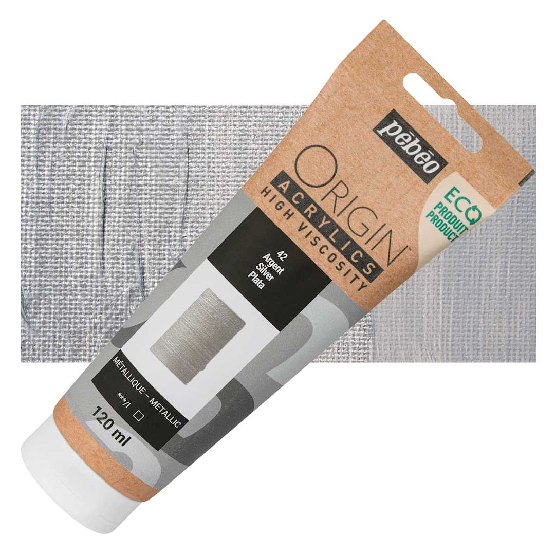 Open in modal - Pebeo Origin Acrylic Paint - Silver, 120 ml tube and swatch