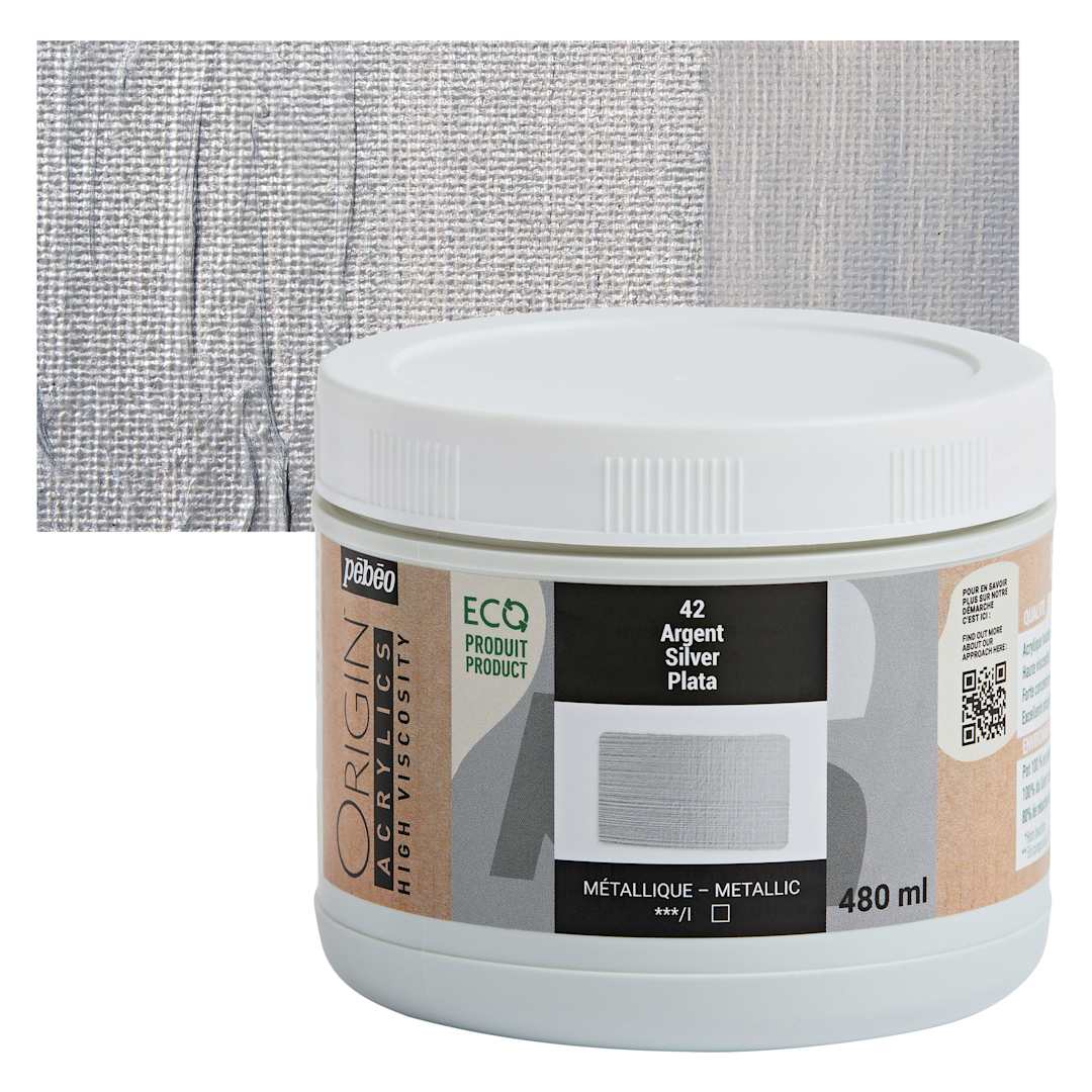 Open in modal - Pebeo Origin Acrylic Paint - Silver, 480 ml jar and swatch