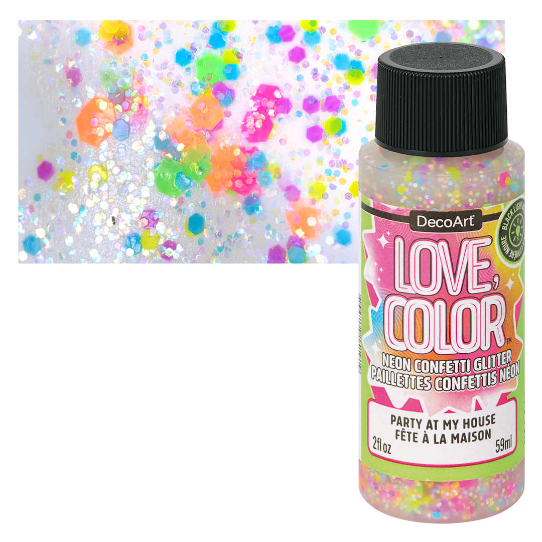Open in modal - DecoArt Love, Color Neon Confetti Glitter Acrylic Paint - Party at My House, 2 oz bottle and swatch
