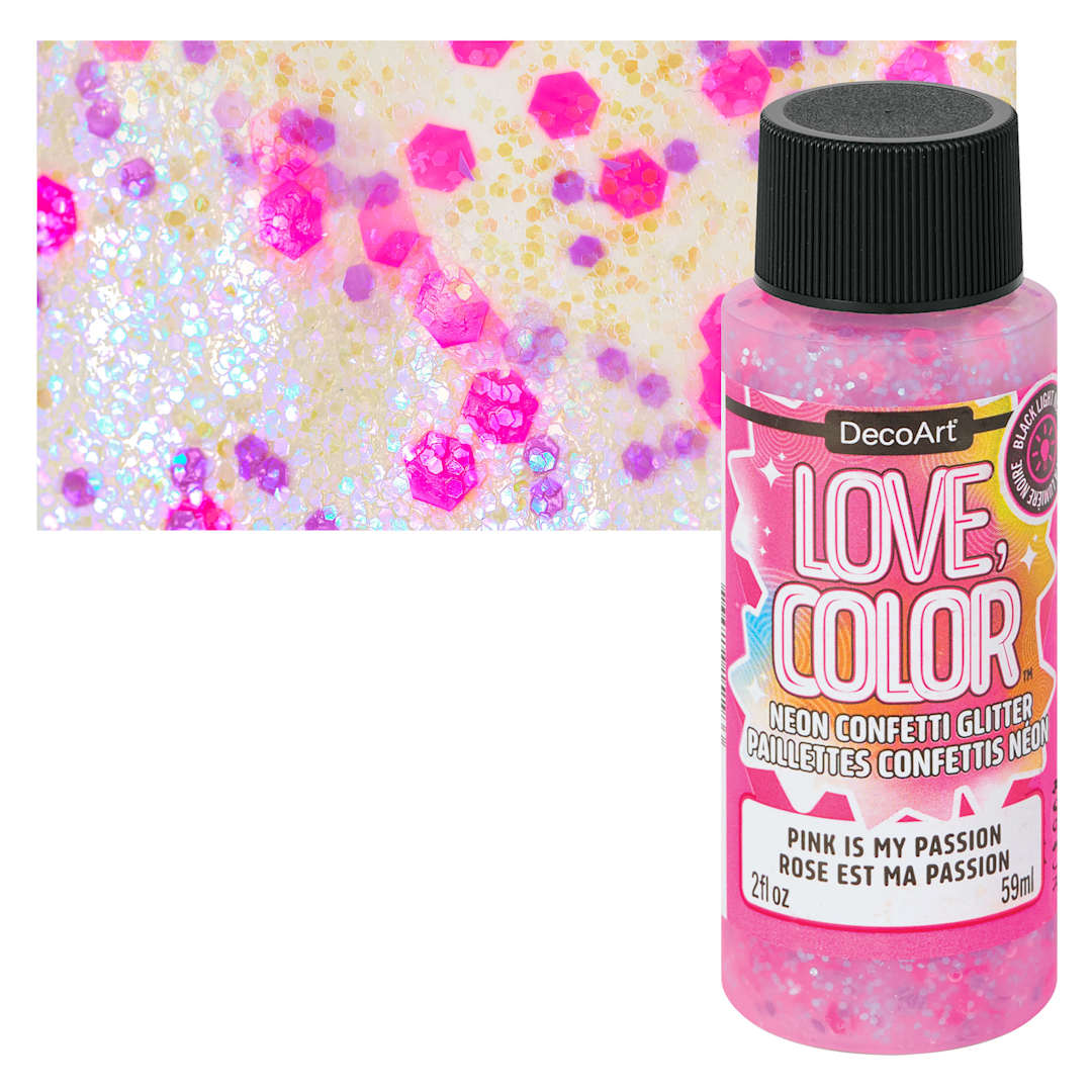 Open in modal - DecoArt Love, Color Neon Confetti Glitter Acrylic Paint - Pink is My Passion, 2 oz bottle and swatch