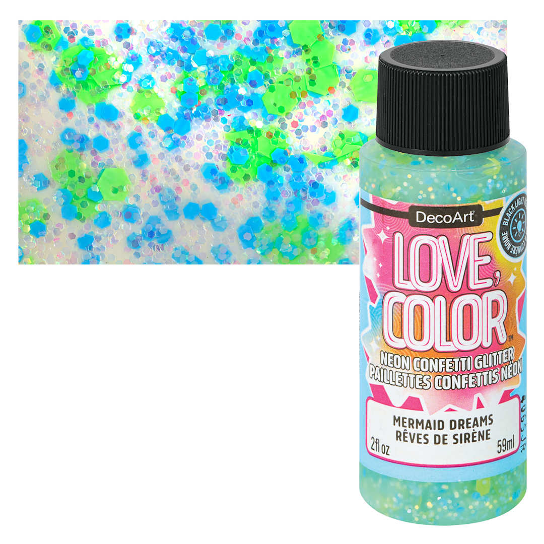 Open in modal - DecoArt Love, Color Neon Confetti Glitter Acrylic Paint - Mermaid Dreams, 2 oz bottle and swatch