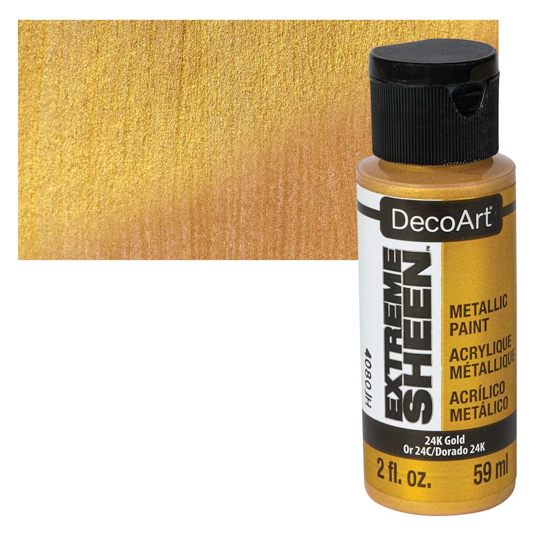 Open in modal - DecoArt Extreme Sheen Metallic Acrylic Paint - 24K Gold, 2 oz bottle and swatch