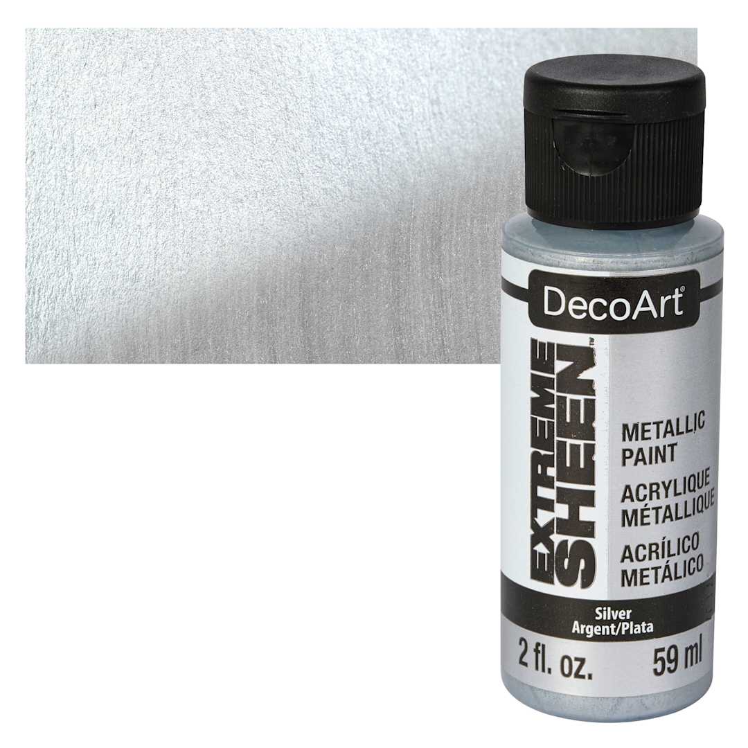 Open in modal - DecoArt Extreme Sheen Metallic Acrylic Paint - Silver, 2 oz bottle and swatch