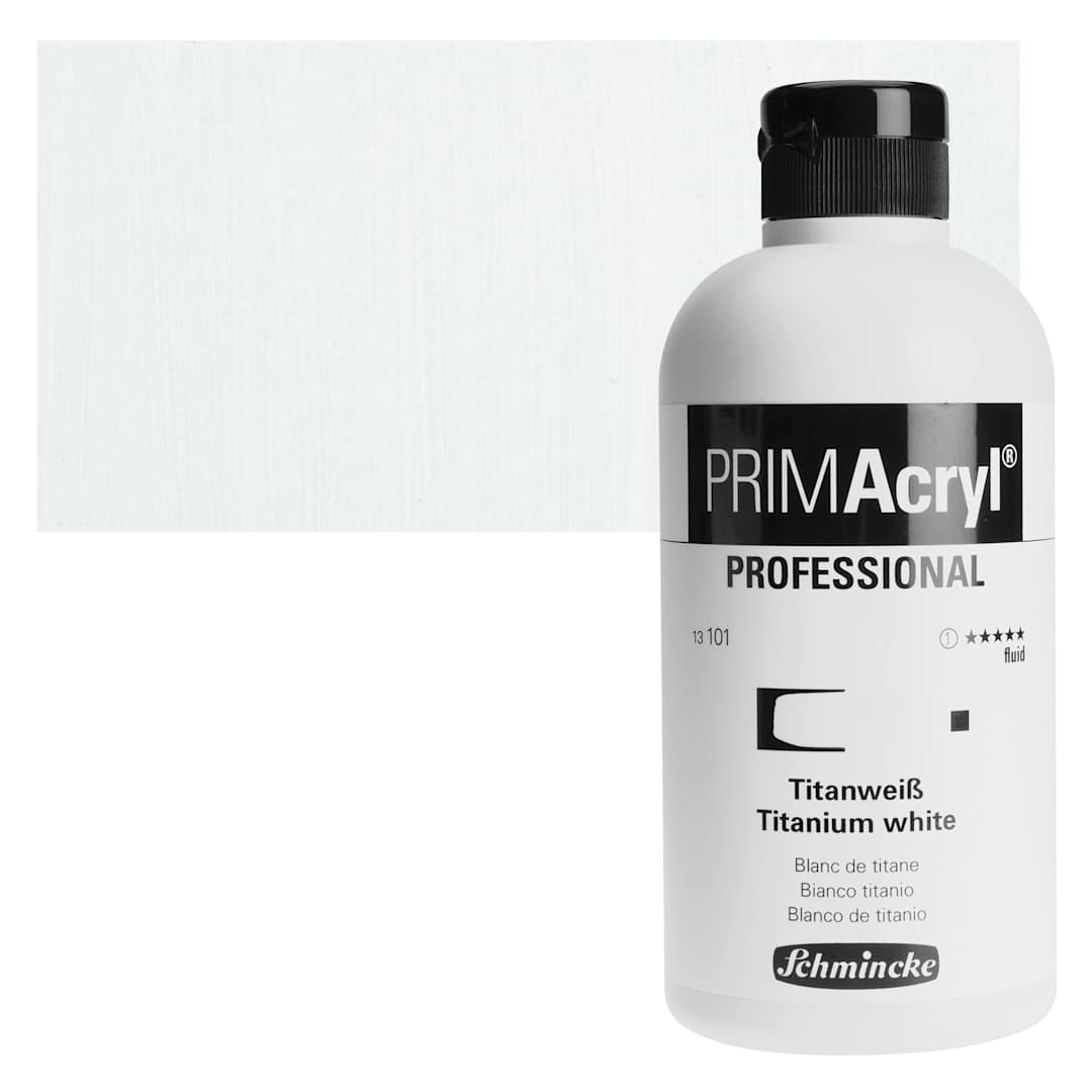 Open in modal - Schmincke Primacryl Professional Fluid Acrylic - Titanium White, 500 ml bottle and swatch