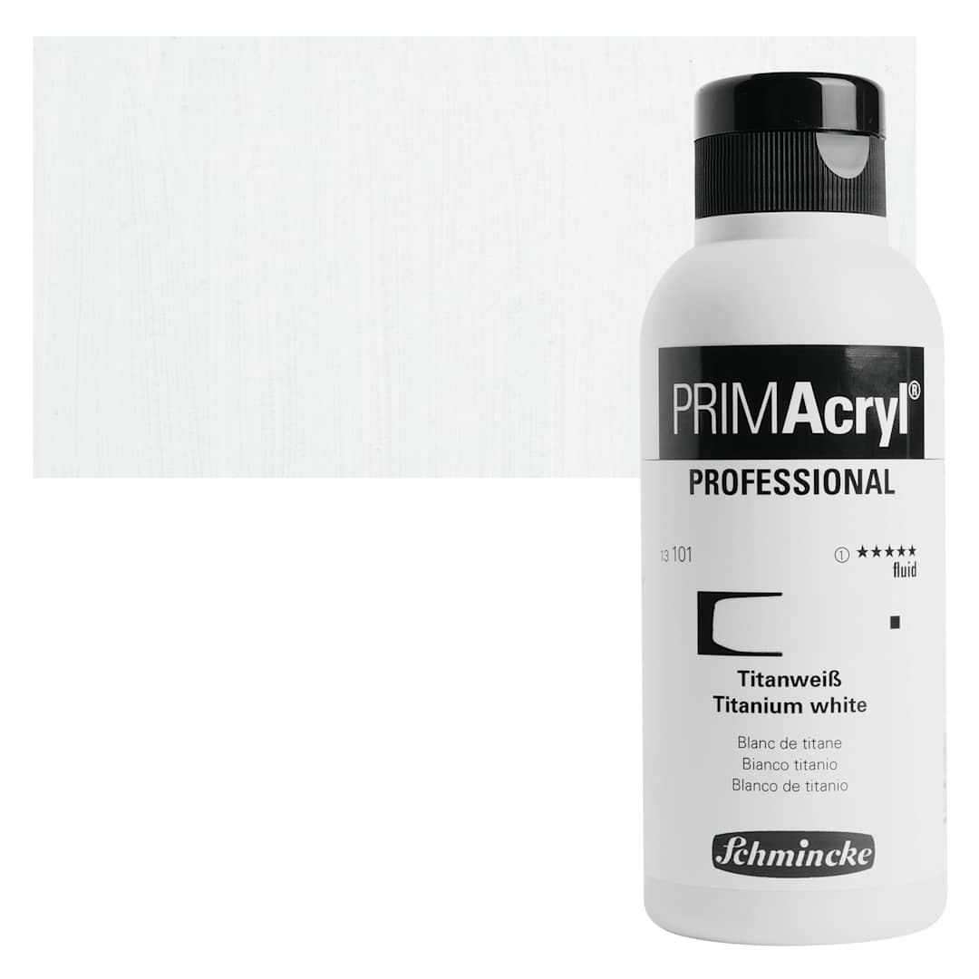 Open in modal - Schmincke Primacryl Professional Fluid Acrylic - Titanium White, 250 ml bottle and swatch