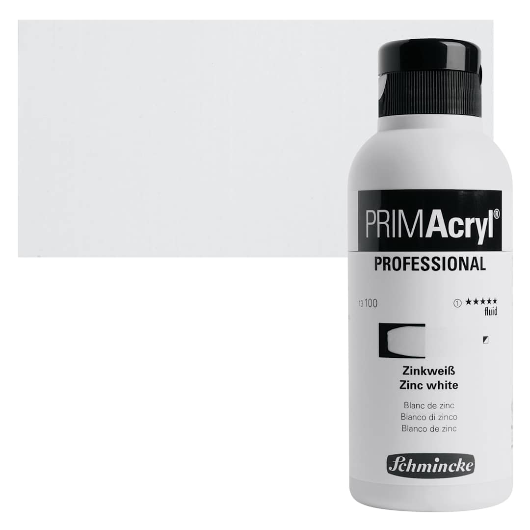 Open in modal - Schmincke Primacryl Professional Fluid Acrylic - Zinc White, 250 ml bottle and swatch