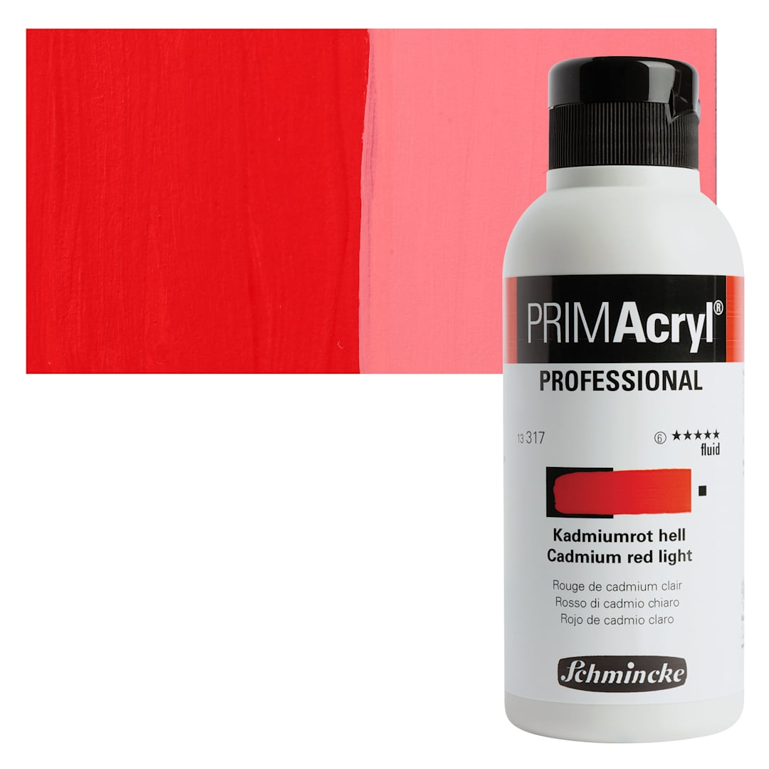 Open in modal - Schmincke Primacryl Professional Fluid Acrylic - Cadmium Red Light, 250 ml bottle and swatch