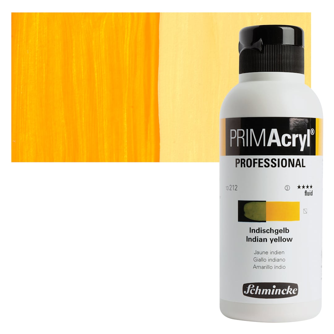 Open in modal - Schmincke Primacryl Professional Fluid Acrylic - Indian Yellow, 250 ml bottle and swatch