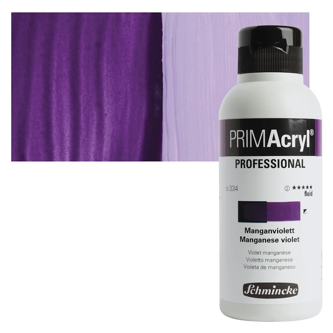 Open in modal - Schmincke Primacryl Professional Fluid Acrylic - Manganese Violet, 250 ml bottle and swatch