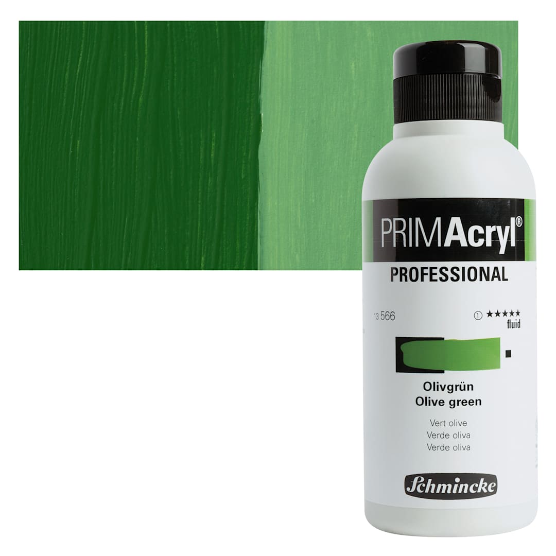 Open in modal - Schmincke Primacryl Professional Fluid Acrylic - Olive Green, 250 ml bottle and swatch