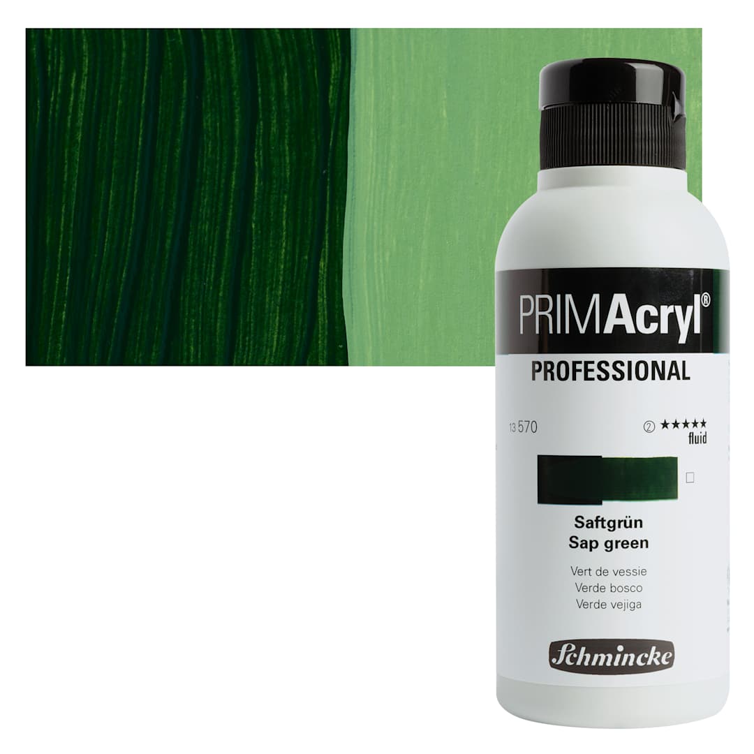 Open in modal - Schmincke Primacryl Professional Fluid Acrylic - Sap Green, 250 ml bottle and swatch