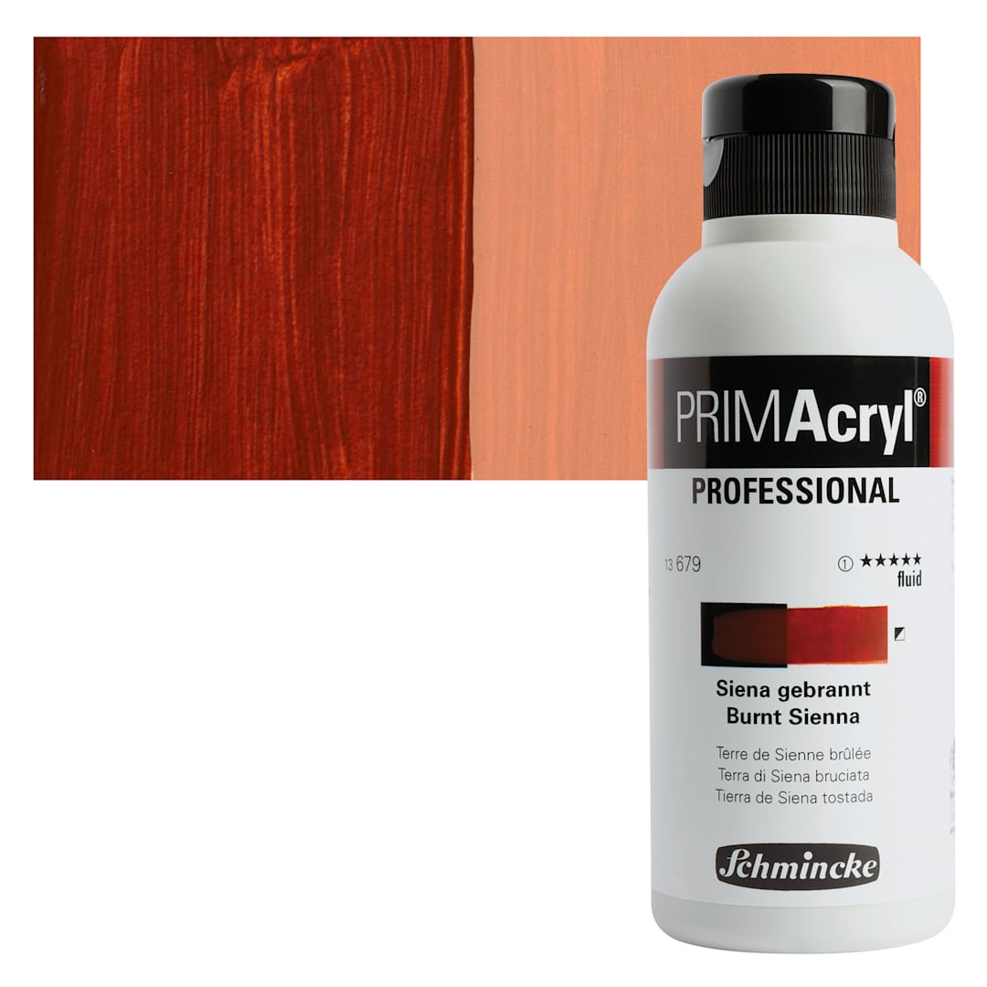 Open in modal - Schmincke Primacryl Professional Fluid Acrylic - Burnt Sienna, 250 ml bottle and swatch
