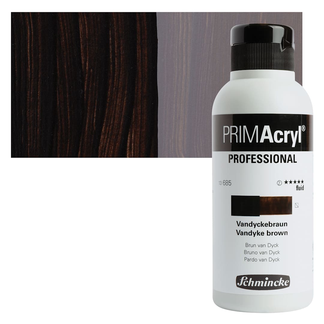 Open in modal - Schmincke Primacryl Professional Fluid Acrylic - Vandyke Brown, 250 ml bottle and swatch