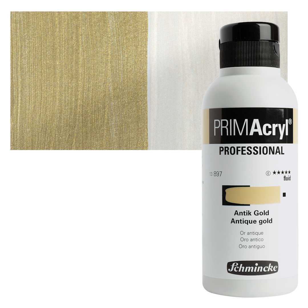 Open in modal - Schmincke Primacryl Professional Fluid Acrylic - Antique Gold, 250 ml bottle and swatch