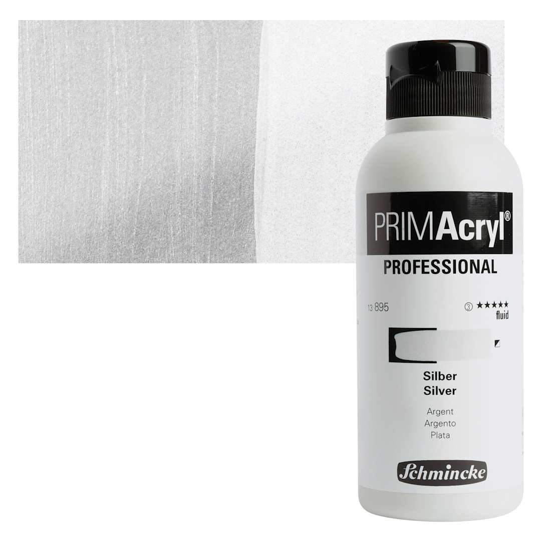 Open in modal - Schmincke Primacryl Professional Fluid Acrylic - Silver, 250 ml bottle and swatch