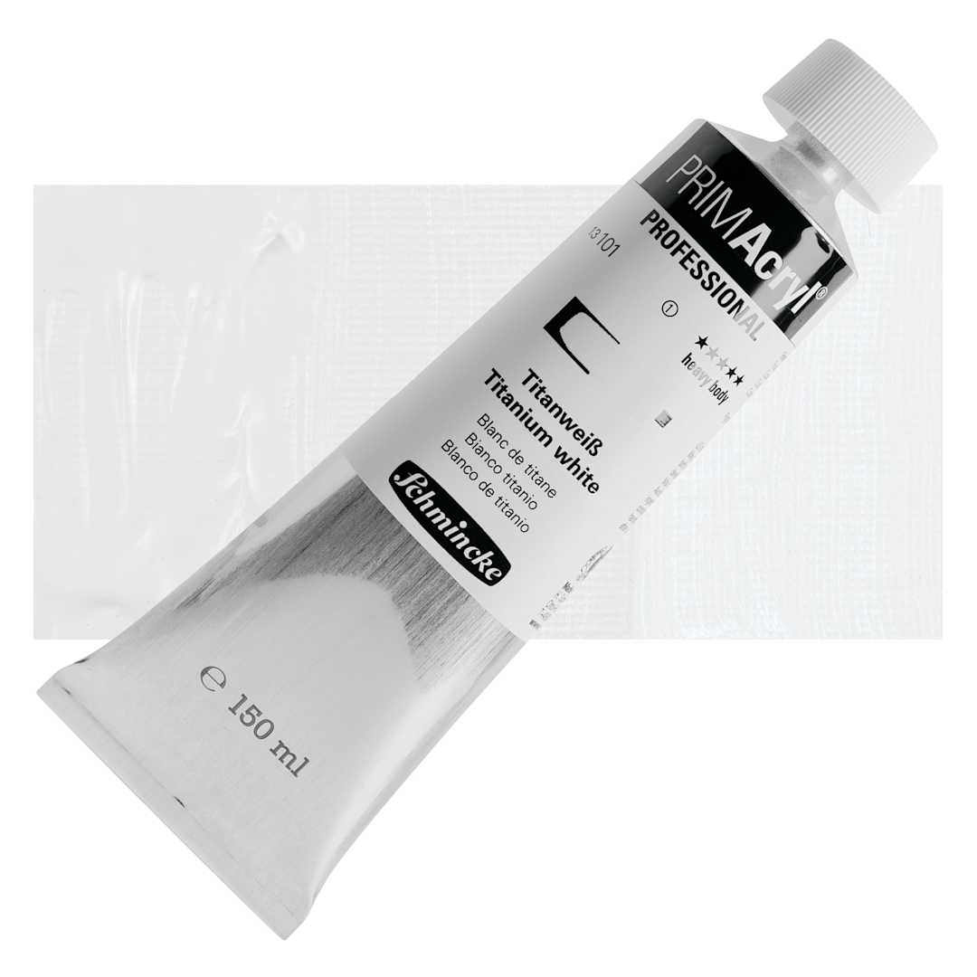 Open in modal - Schmincke Primacryl Professional Acrylic Paint - Titanium White, 150 ml Tube and swatch