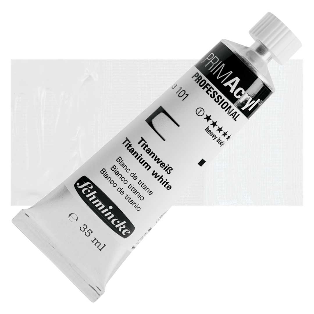 Open in modal - Schmincke Primacryl Professional Acrylic Paint - Titanium White, 35 ml Tube and swatch
