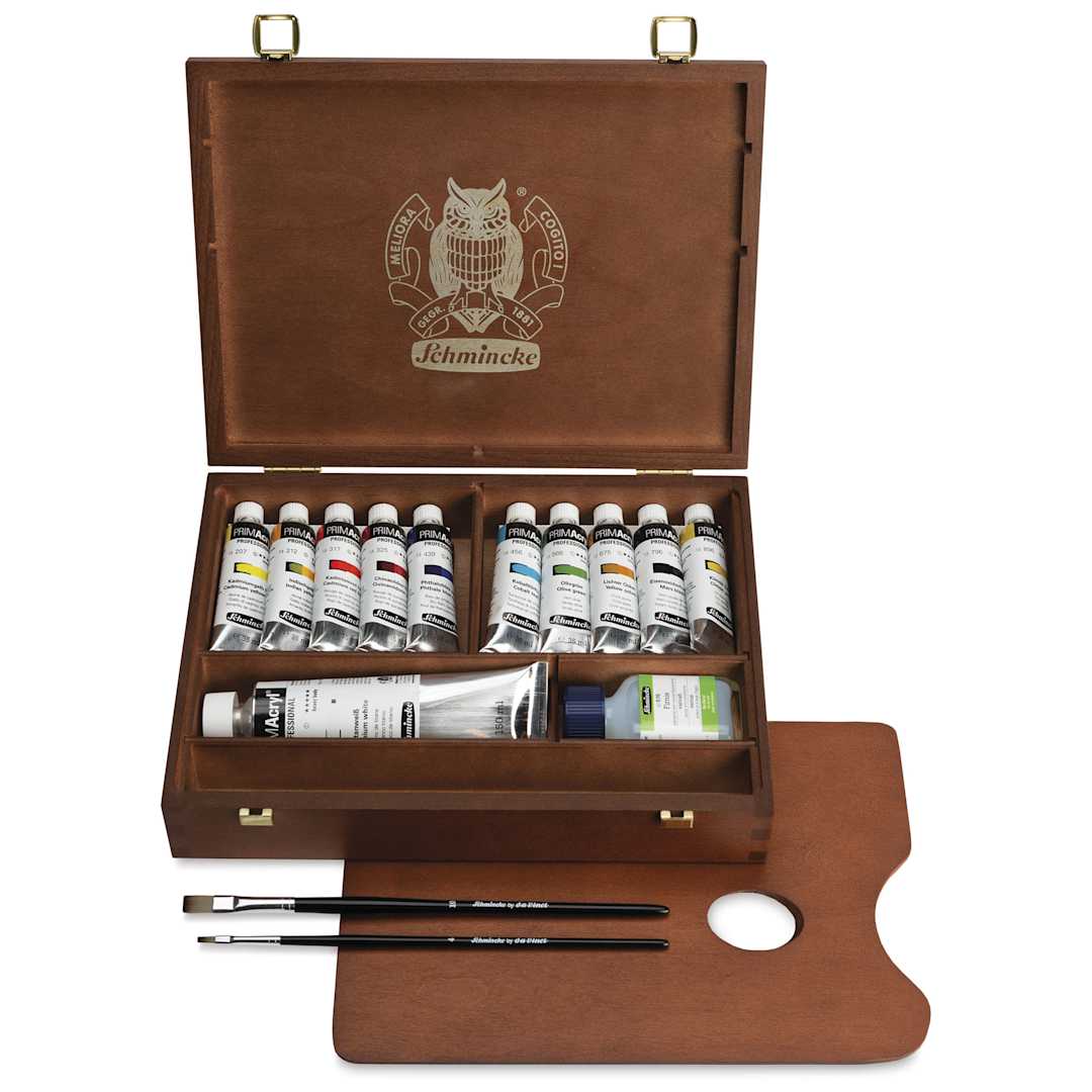 Open in modal - Schmincke Primacryl Professional Acrylic Paint - Set of 11, Assorted, Wooden Box
