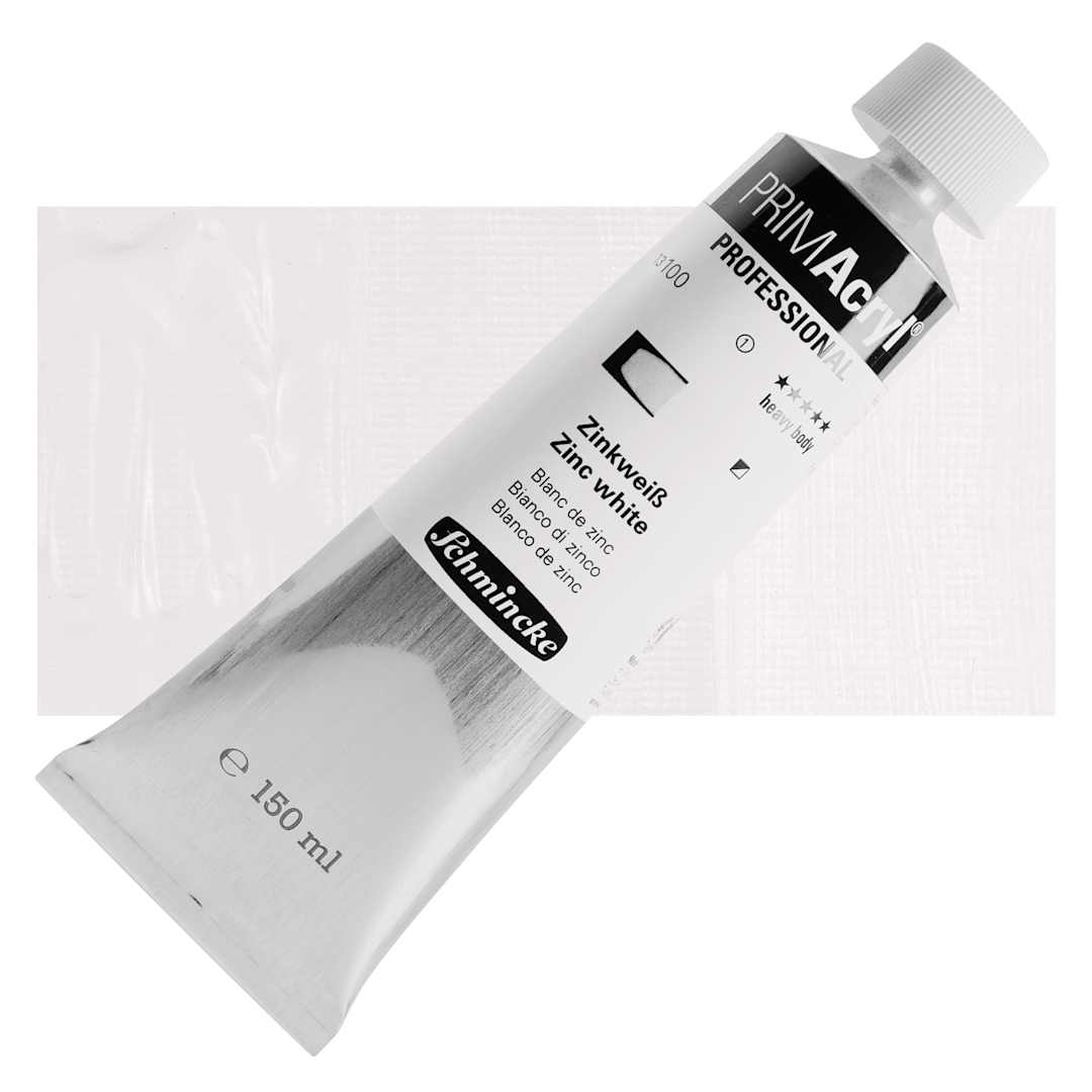 Open in modal - Schmincke Primacryl Professional Acrylic Paint - Zinc White, 150 ml Tube and swatch