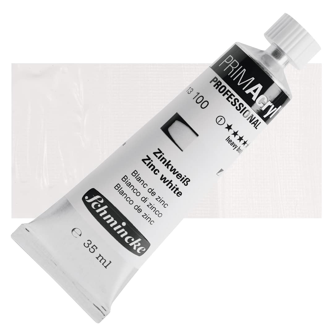 Open in modal - Schmincke Primacryl Professional Acrylic Paint - Zinc White, 35 ml Tube and swatch