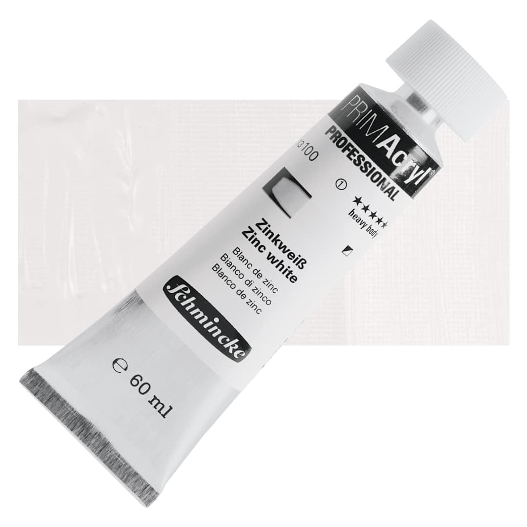 Open in modal - Schmincke Primacryl Professional Acrylic Paint - Zinc White, 60 ml Tube and swatch