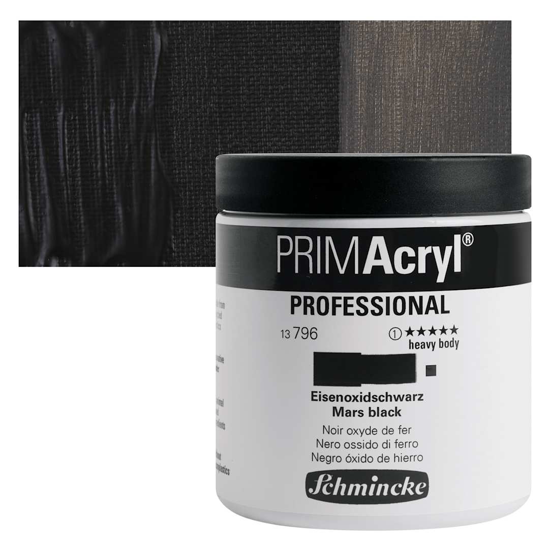 Open in modal - Schmincke Primacryl Professional Acrylic Paint - Mars Black, 237 ml Jar and swatch