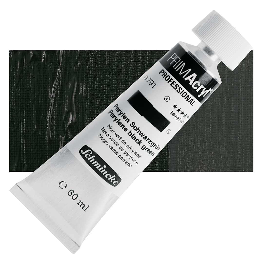 Open in modal - Schmincke Primacryl Professional Acrylic Paint - Perylene Black Green, 60 ml Tube and swatch